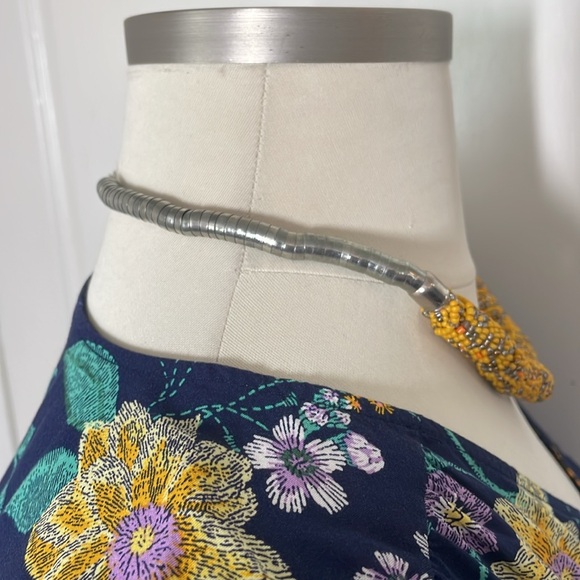 Vintage Seed Bead Statement Necklace Aztec Mustard Yellow Extender Office Silver - Picture 9 of 17